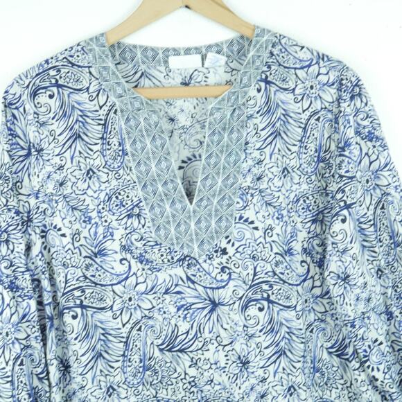 Sigrid Olsen M Top 100% Linen Beachy Relaxed Blue Floral Split Neck 3/4 Sleeve - Picture 4 of 7